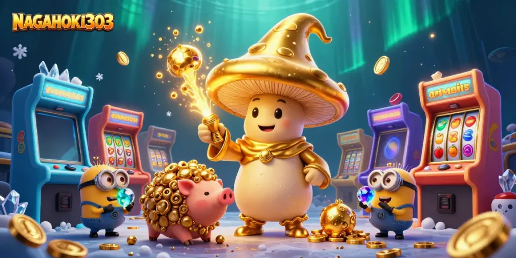 NAGAHOKI303 features golden mushroom wizard character among slot game elements, creating a casino-themed dynamic scene.