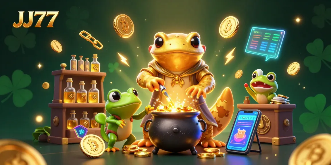 Experience real-money gaming with JJ77 in this lively illustration featuring alchemists, gold, and crypto elements.