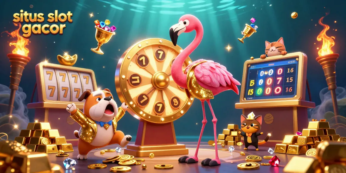 Exciting scene showcasing the situs slot gacor with a flamingo game show host and bulldog contestant.
