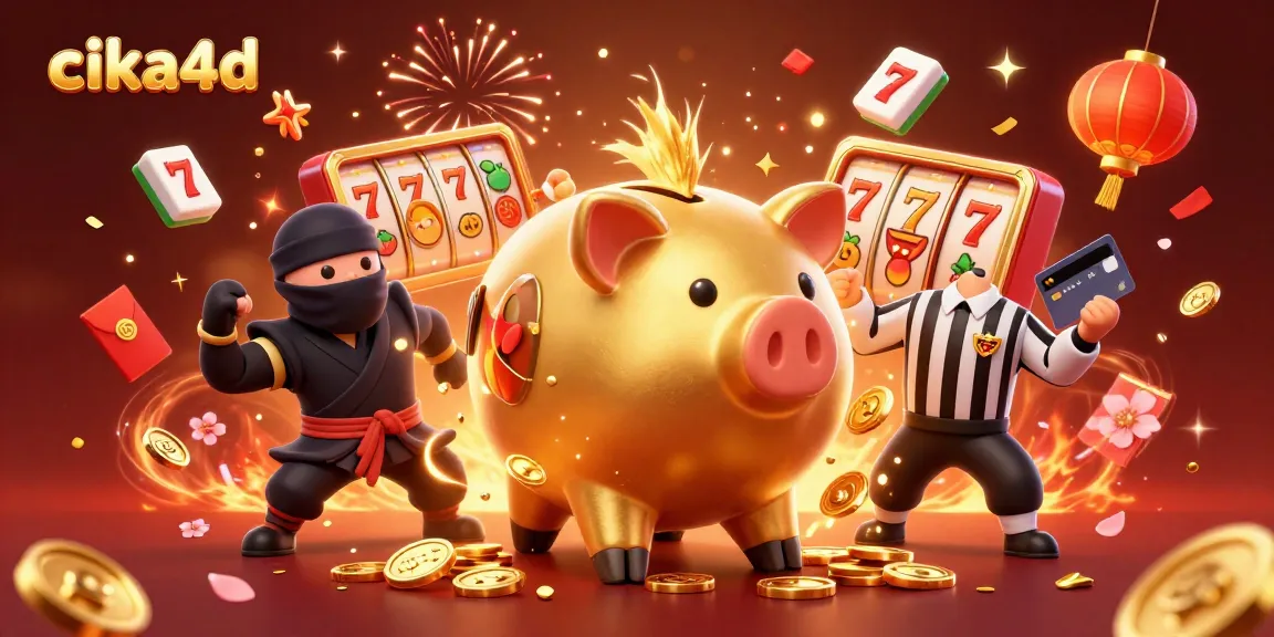 Experience exhilarating gaming action with cika4d, featuring vibrant 3D illustrations of slots, lucky symbols, and energetic characters.