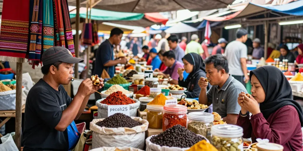 Pasar Indonesia yang ramai dengan penjual lada hitam pecah25 dikelilingi rempah-rempah dan makanan lokal.