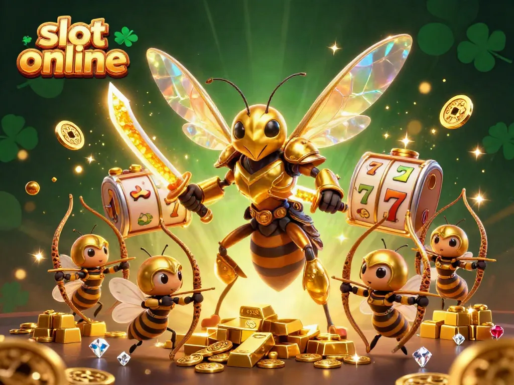 Engage with vibrant slot online action featuring a giant golden hornet in samurai armor and treasure elements.