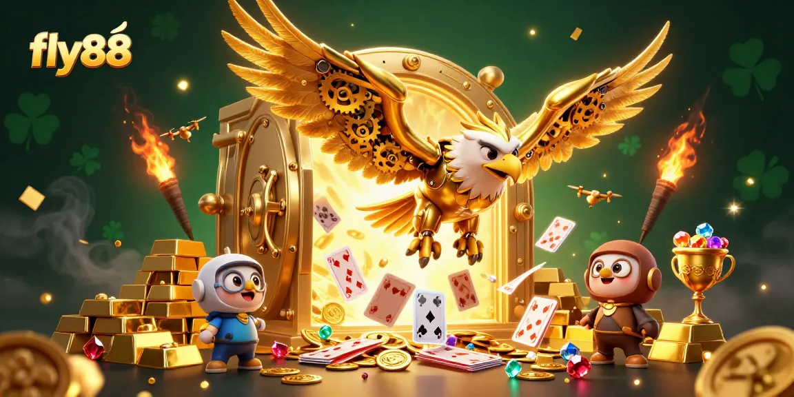 Experience thrilling gameplay with fly88 in a vibrant 3D casino scene filled with golden treasures.