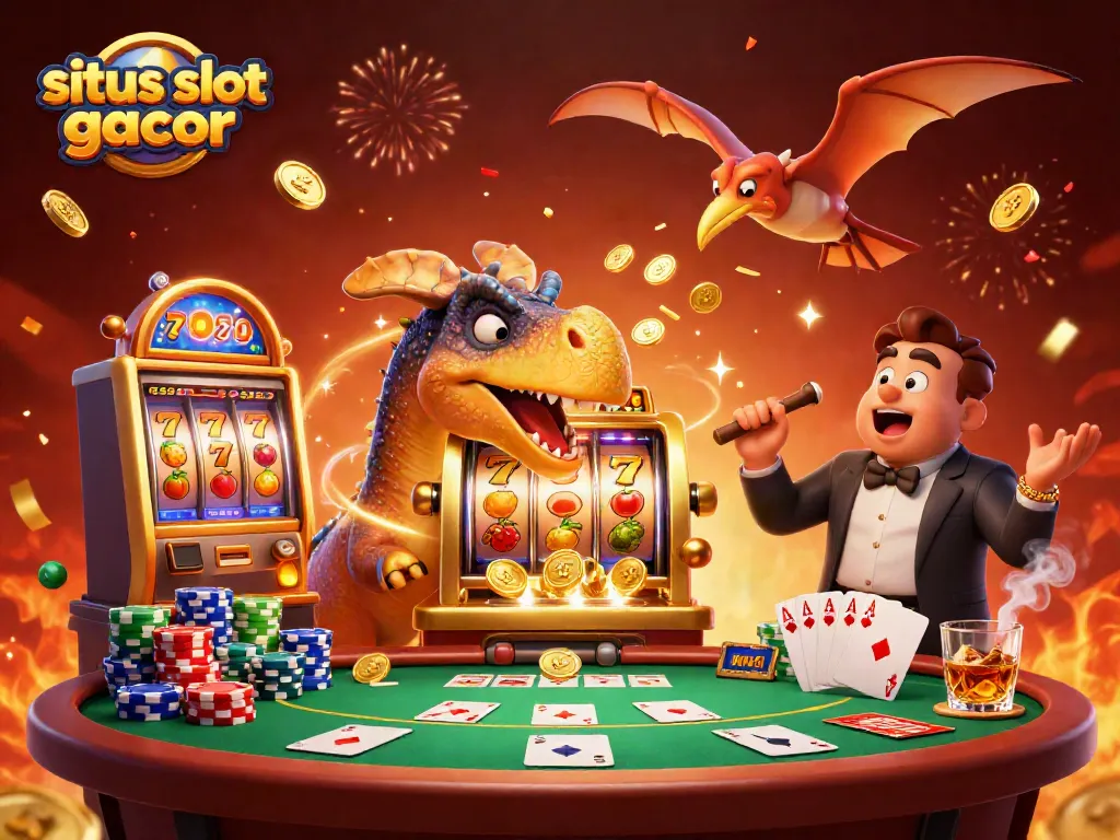 Permainan situs slot gacor didominasi oleh dinosaurus dan mesin slot emas yang mengeluarkan koin jackpot.