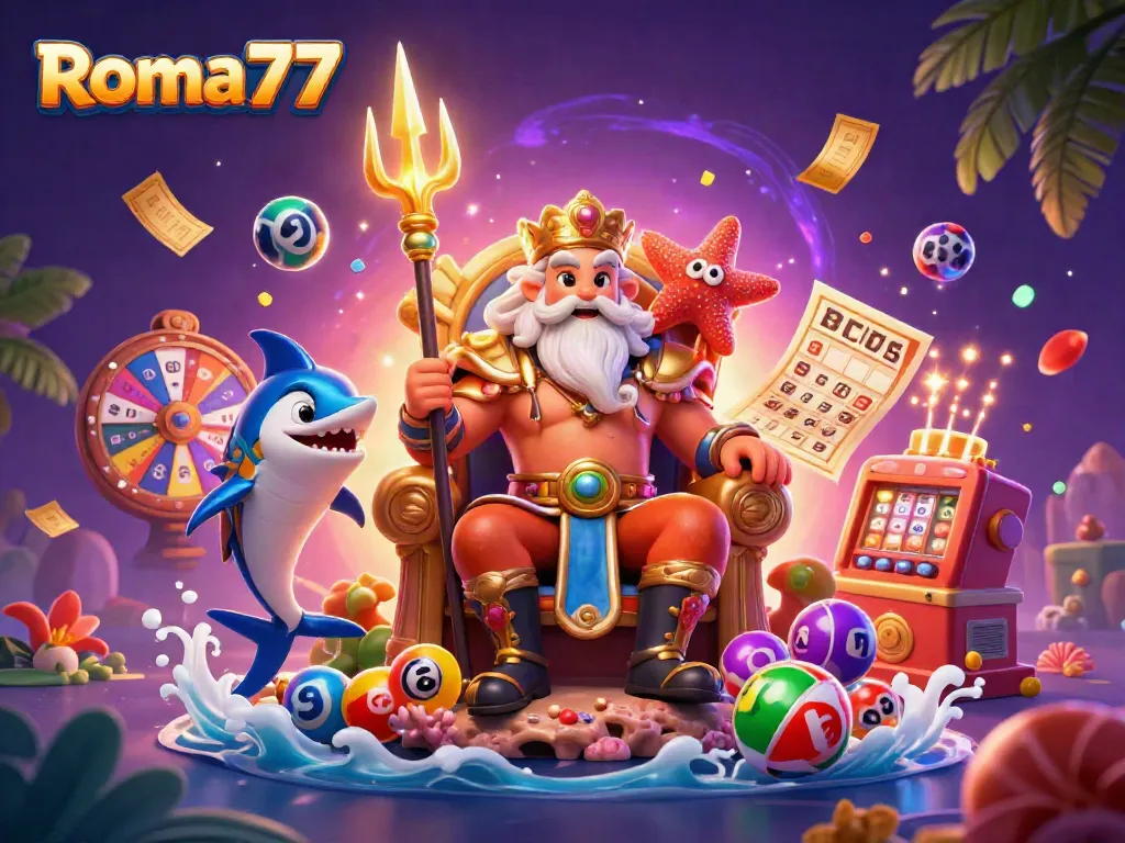 Experience the thrill of Roma77 with vibrant lottery elements and a dynamic underwater scene.
