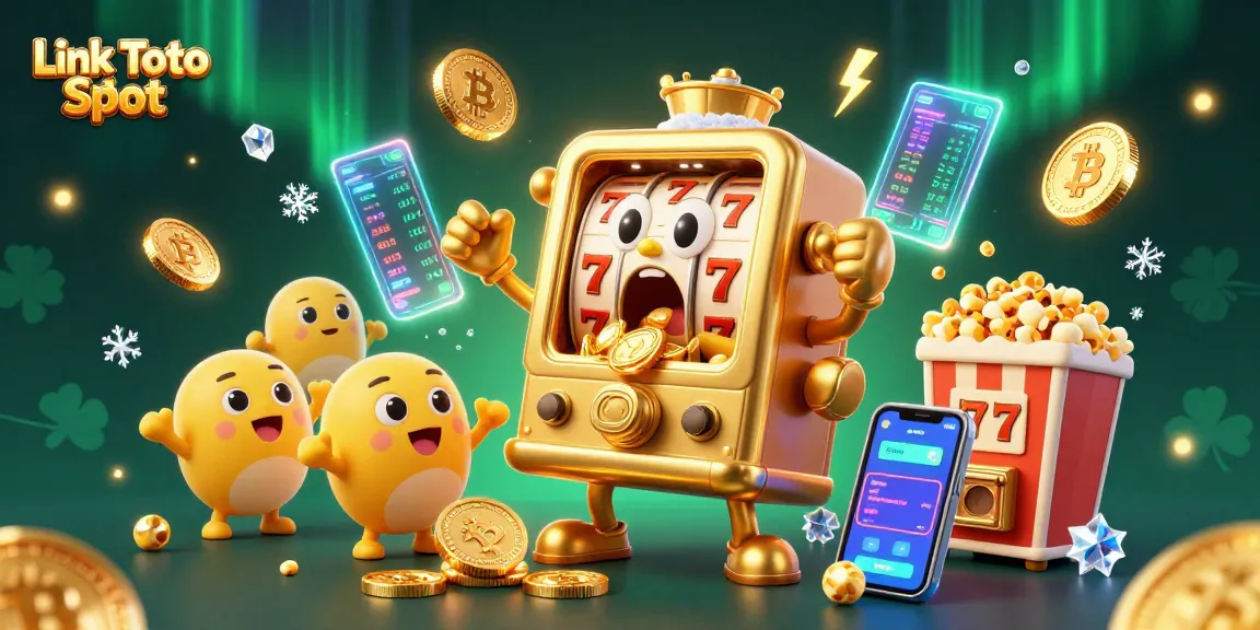 Permainan menarik di Link Toto Slot dengan mesin slot dan koin emas berkilau.