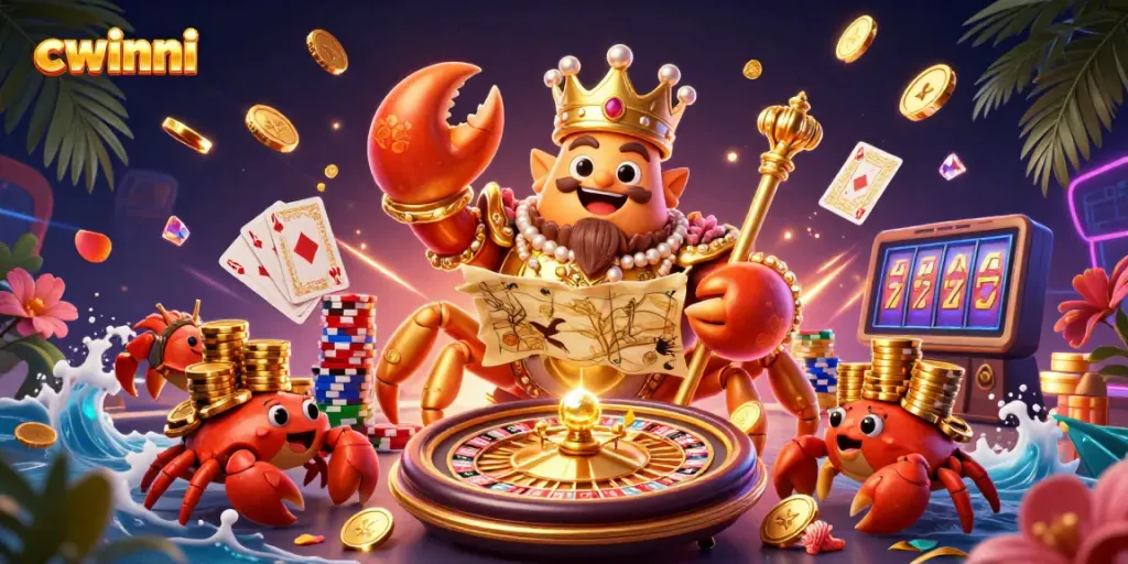 Experience thrilling games at cwinni with vibrant casino elements and a royal crab mascot.