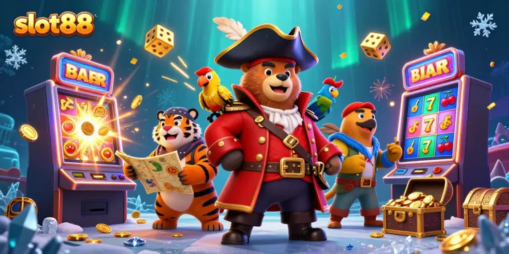 Experience the excitement of slot88 with this vibrant 3D casino scene featuring jackpot symbols and characters.