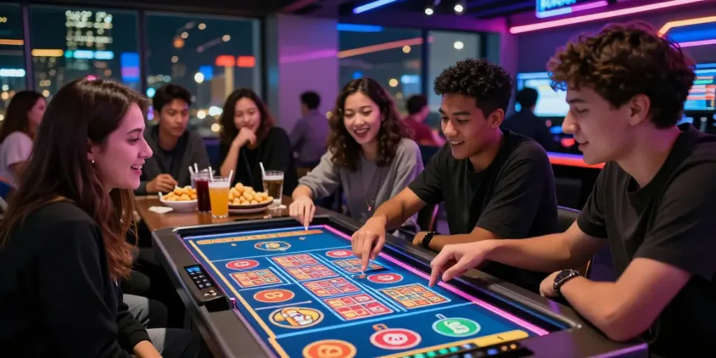 Excitement at UNSURTOTO gaming lounge during a lottery event.