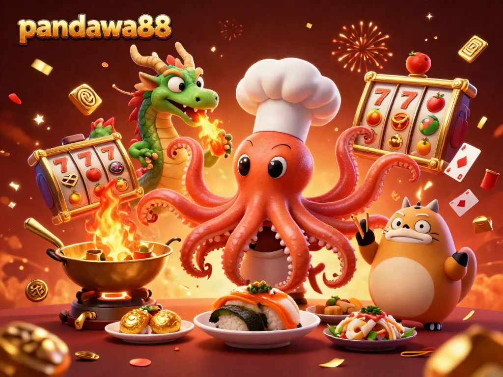 Gambar pandawa88 dengan karakter kasino 3D, koki sushi, naga, dan pelanggan tanuki dalam tema permainan.