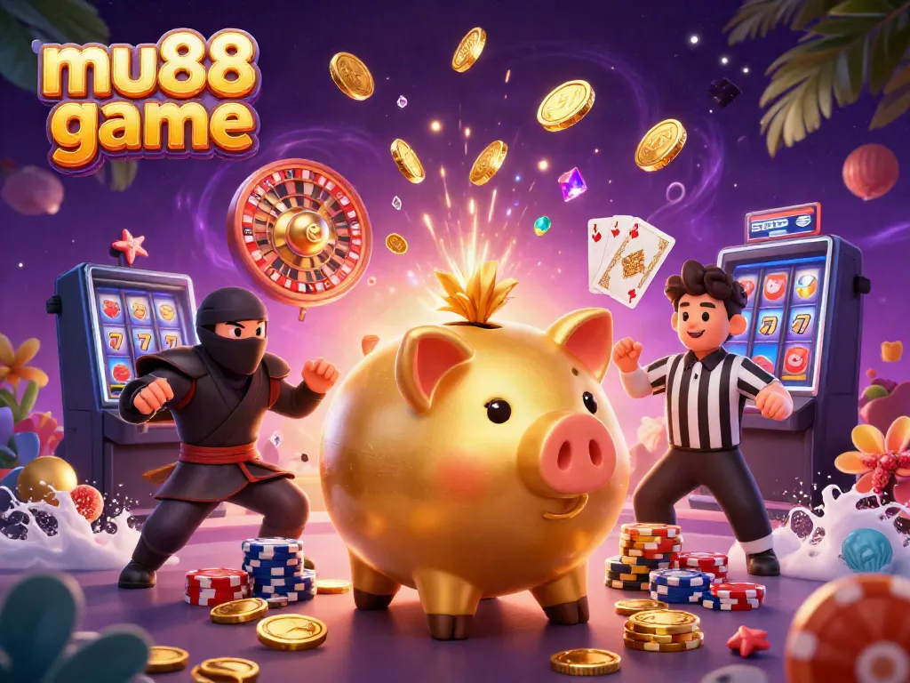 Experience the mu88 game excitement with a 3D animated scene of cartoon gamblers and casino elements.