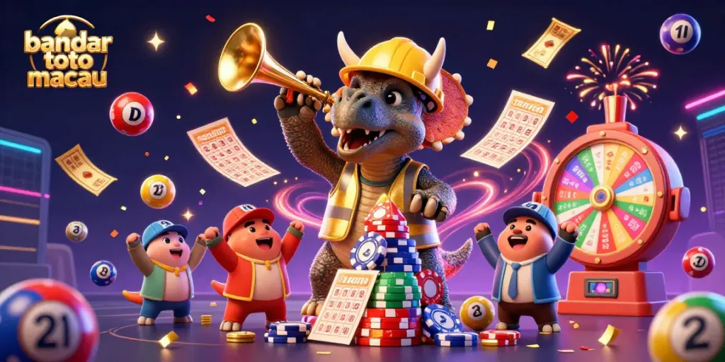 Menggali keseruan bandar toto macau dalam ilustrasi karnaval, menampilkan triceratops membangun tumpukan chip poker dikelilingi bola lotre berwarna-warni.