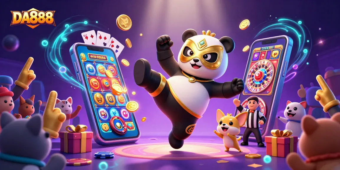 DA888 showcases an exciting casino scene with a panda wrestler and thrilling gaming action.