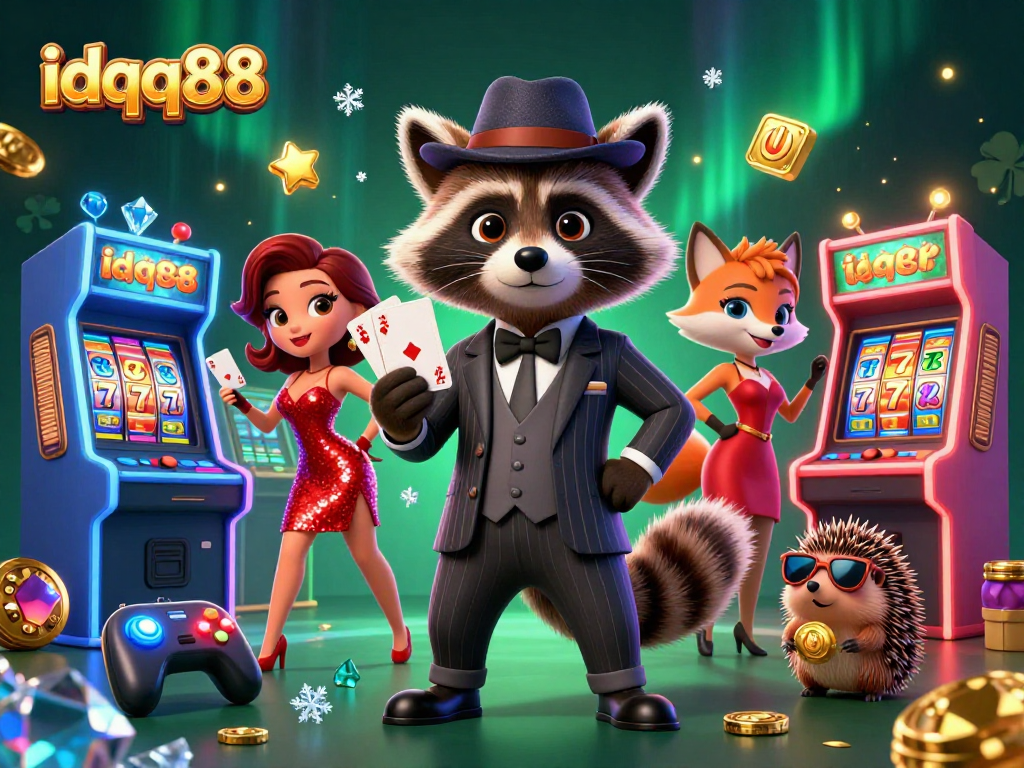 Play winning hands at idqq88 with a charming raccoon and fox in a casino-themed 3D scene.