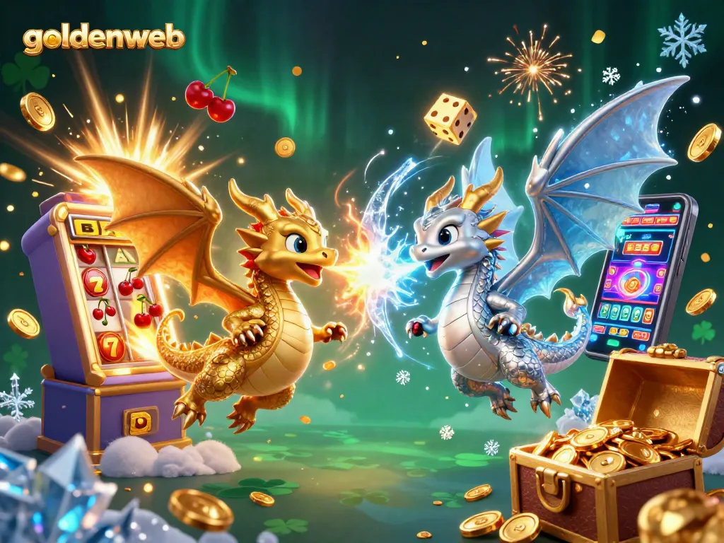 Menangkan jackpot dengan goldenweb melalui ilustrasi kasino dengan naga 3D yang berapi-api dan berembun es.