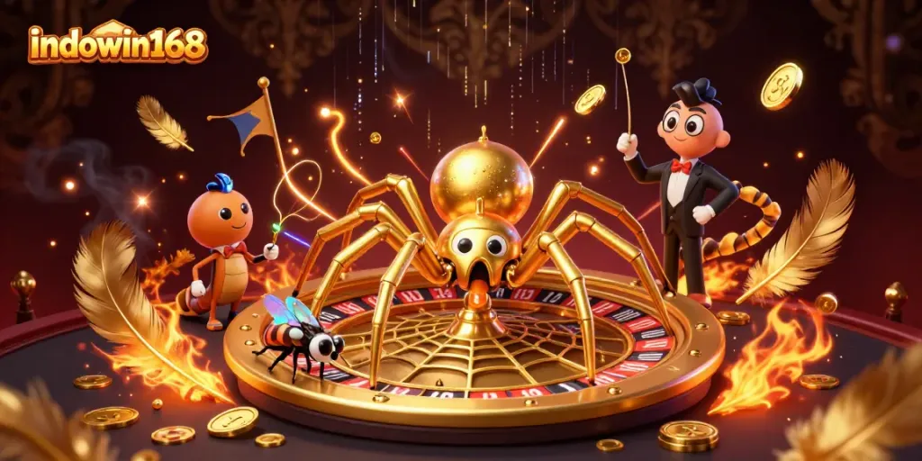 Engage with indowin168 in this dynamic casino scene featuring a golden roulette web and lively characters.