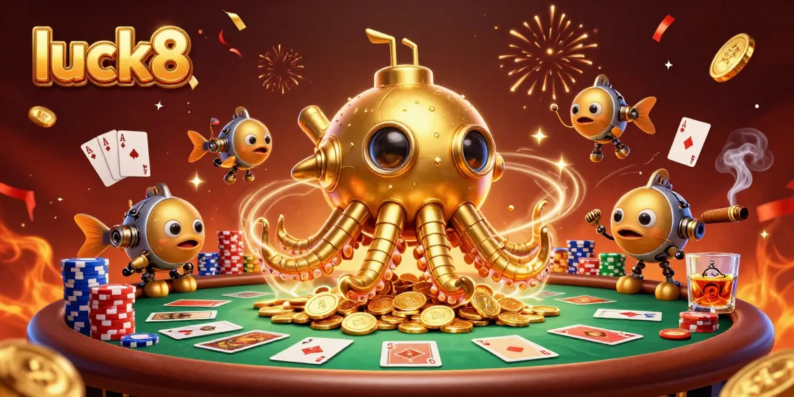 Experience the thrill of Luck8 with vibrant casino elements and a golden kraken theme!