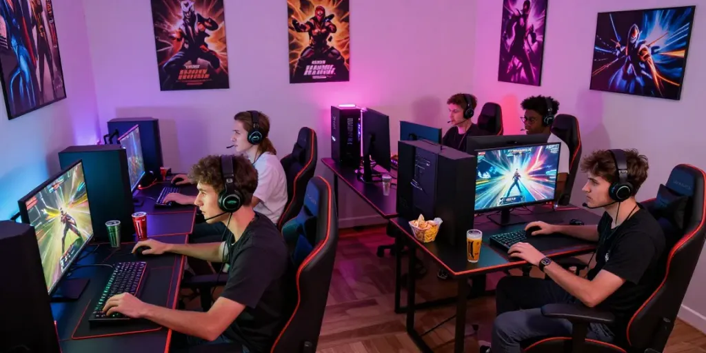 Suasana permainan Kediritoto dengan para gamer berkumpul di ruang modern, penuh semangat dan interaksi sosial.