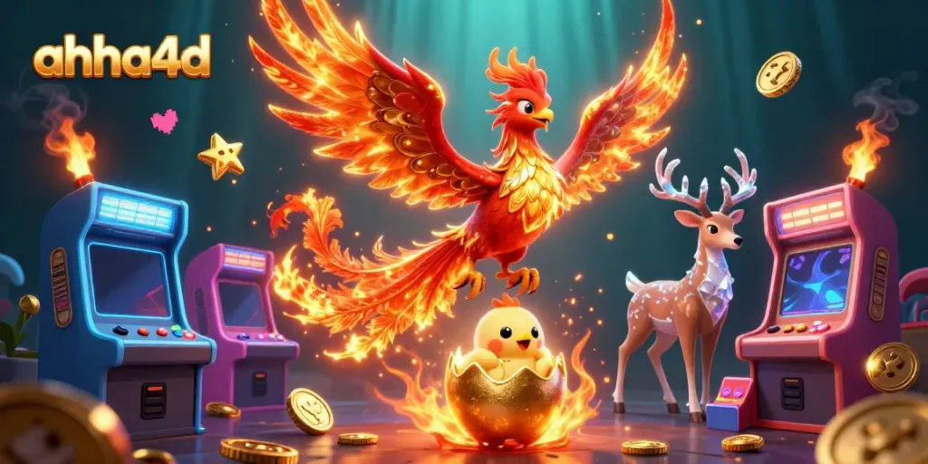 Engage in high-stakes gameplay with ahha4d's vibrant casino scene featuring mythical characters and game elements.