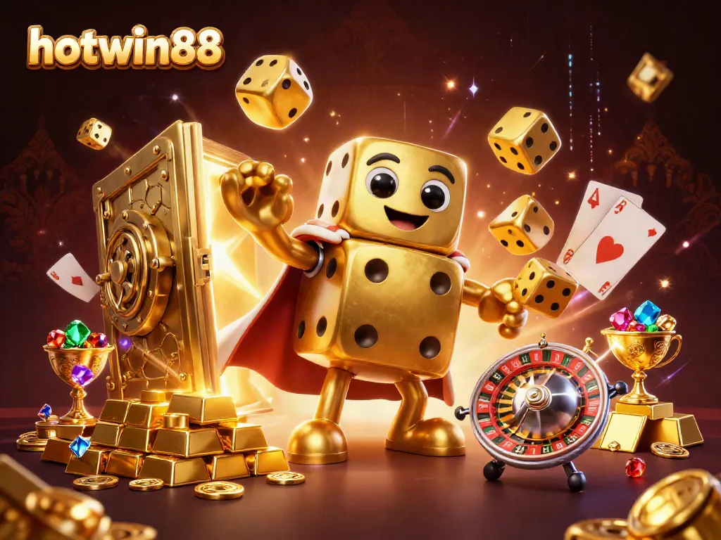 Experience win with hotwin88 in a vibrant 3D casino illustration showcasing amazing jackpot elements.