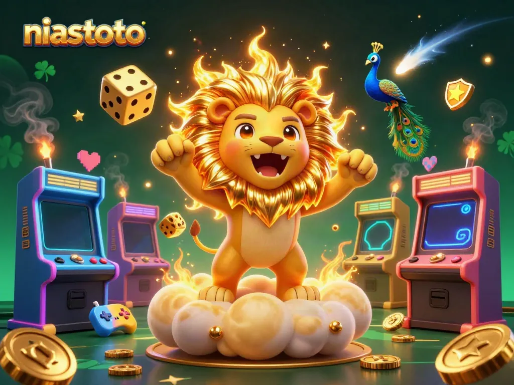Gambaran dinamis 'niastoto' dengan singa kartun 3D dan elemen mesin permainan kasino.