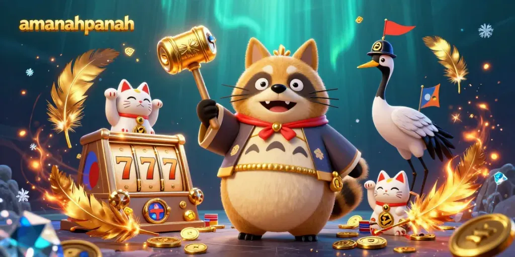 Pemain menemukan slot gacor di amanahpanah dengan slot reels berputar dan koin emas berkilau.