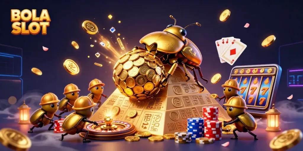BOLA SLOT showcases a dynamic scene with golden beetles and casino symbols, perfect for online gaming enthusiasts.
