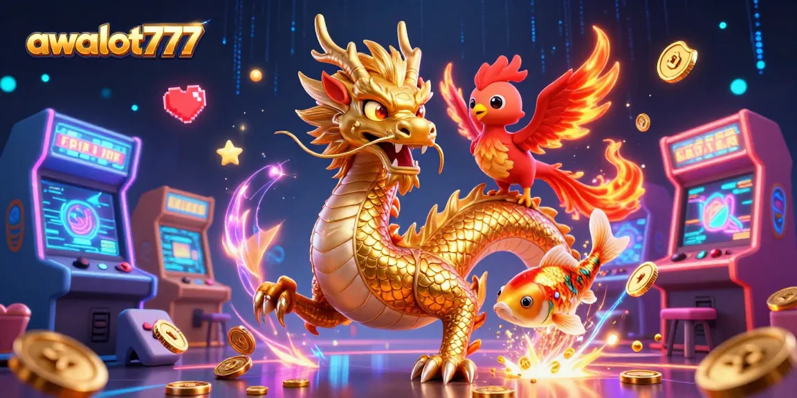 Experience winning with awslot777 in a captivating casino scene featuring powerful dragons and glowing arcade machines.