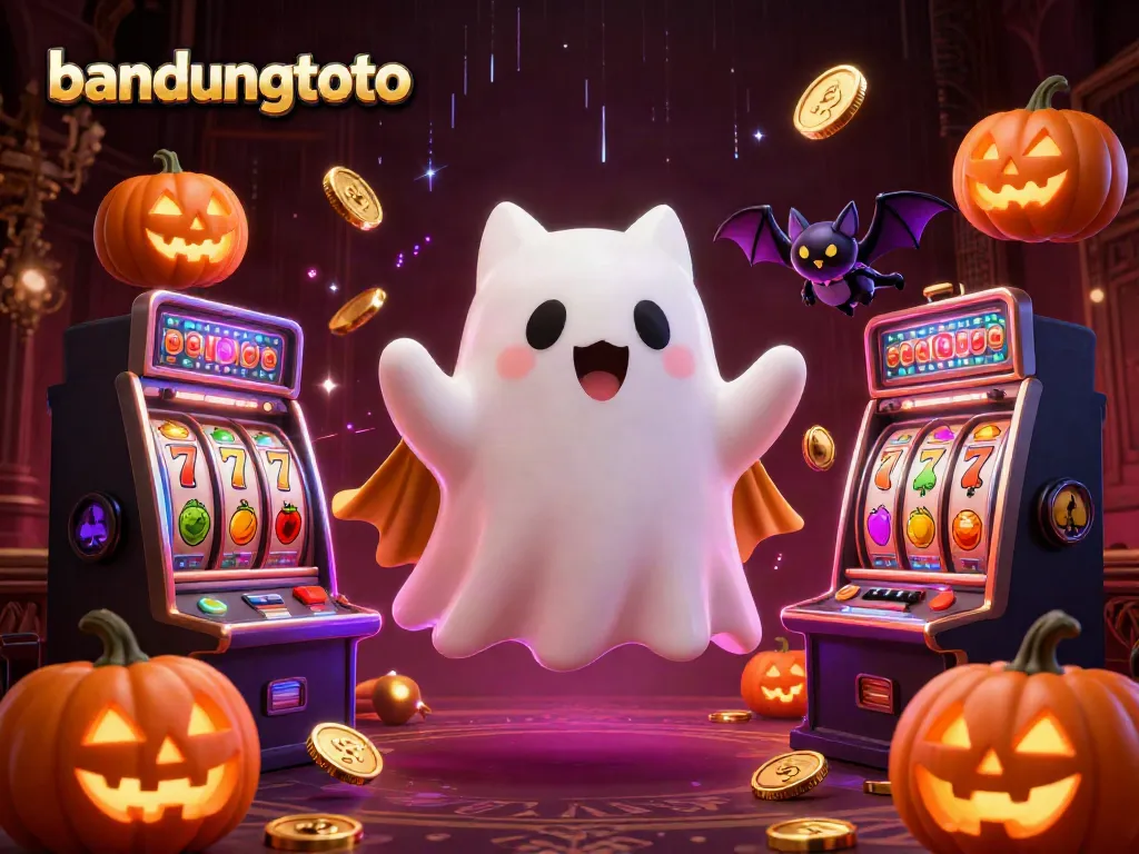 Experience the thrill of bandungtoto with a whimsical ghost cat and vibrant casino elements.