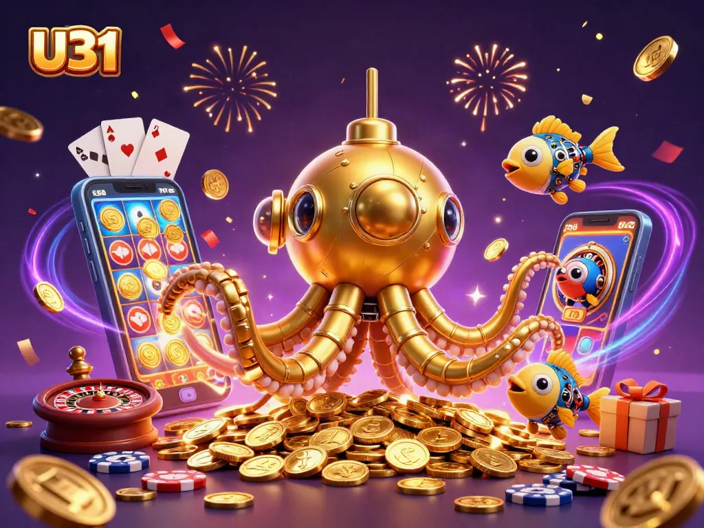 Play exciting slot games with U31 while golden coins erupt around a giant kraken!