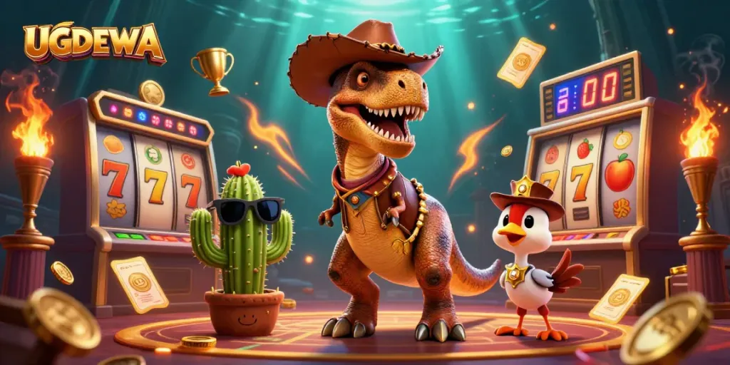 Engage with UGDEWA's dynamic casino experience, featuring thrilling slot elements and captivating characters.