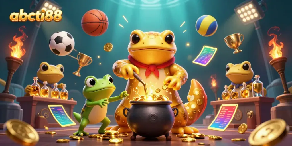 Engage with abcti88 where a golden salamander alchemist turns base metals into golden coins amidst dynamic sports betting elements.