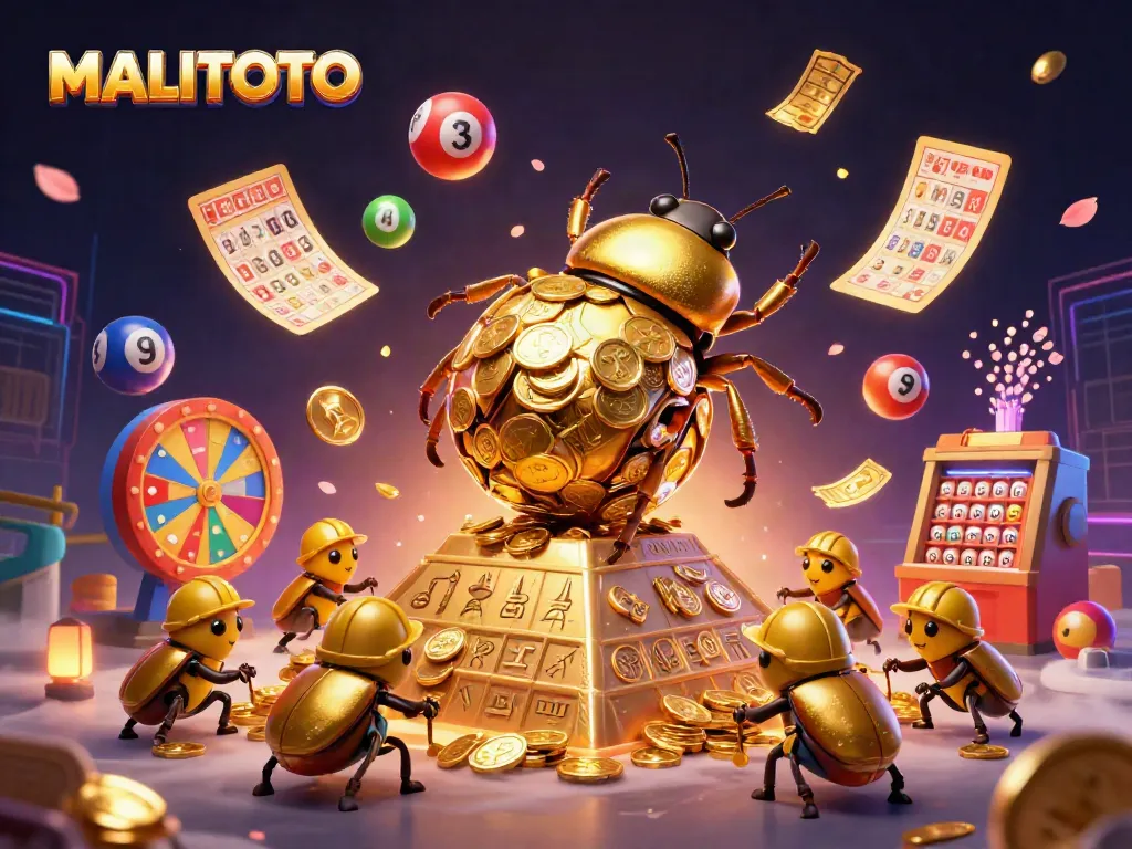 Engage with MALITOTO through vibrant activities, featuring golden beetles amid a dynamic gambling scene.