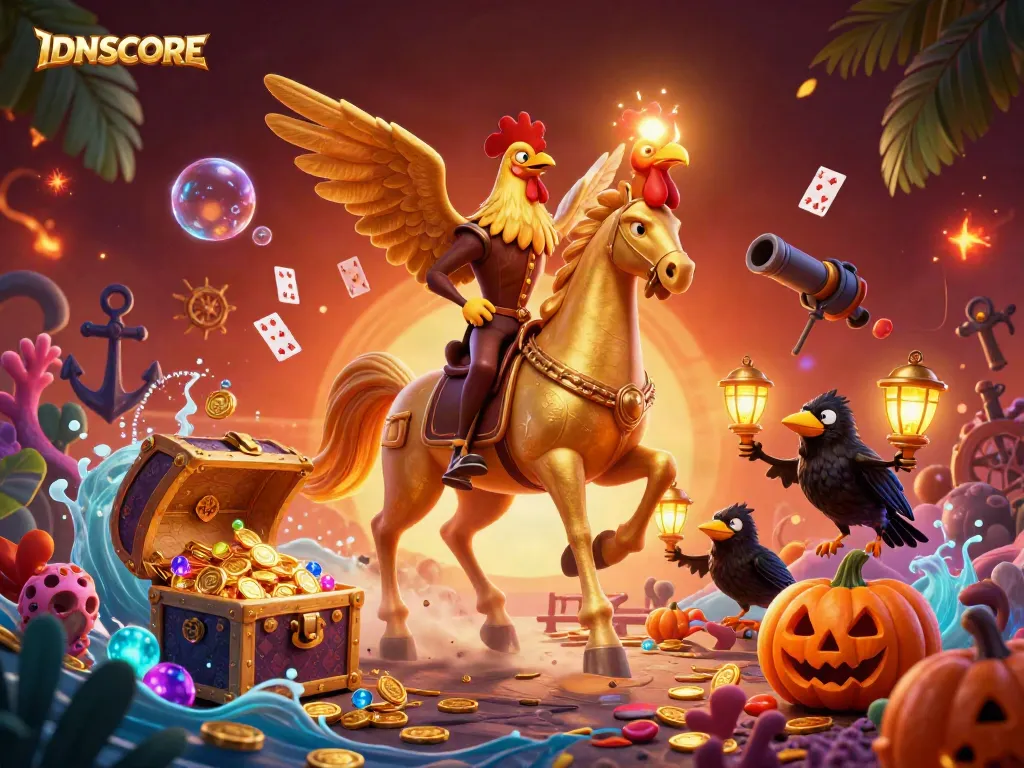 IDNSCORE showcases a fantastical scene in a midnight casino with vibrant characters and rich game elements.