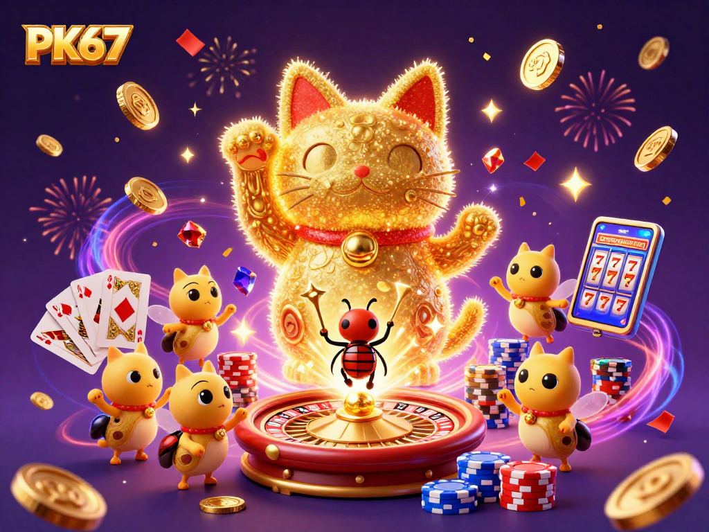Engage with PK67 through vibrant gaming elements amidst a dazzling lucky cat and festive effects.