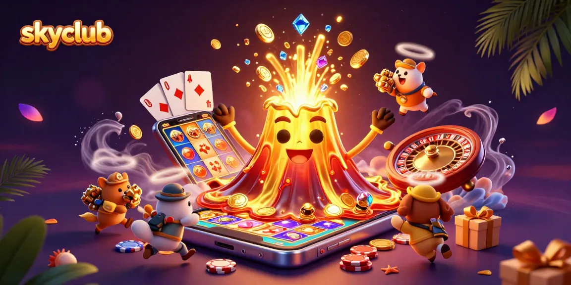Experience the thrilling bounties of skyclub with a triumphant volcano and treasure-filled characters in action.