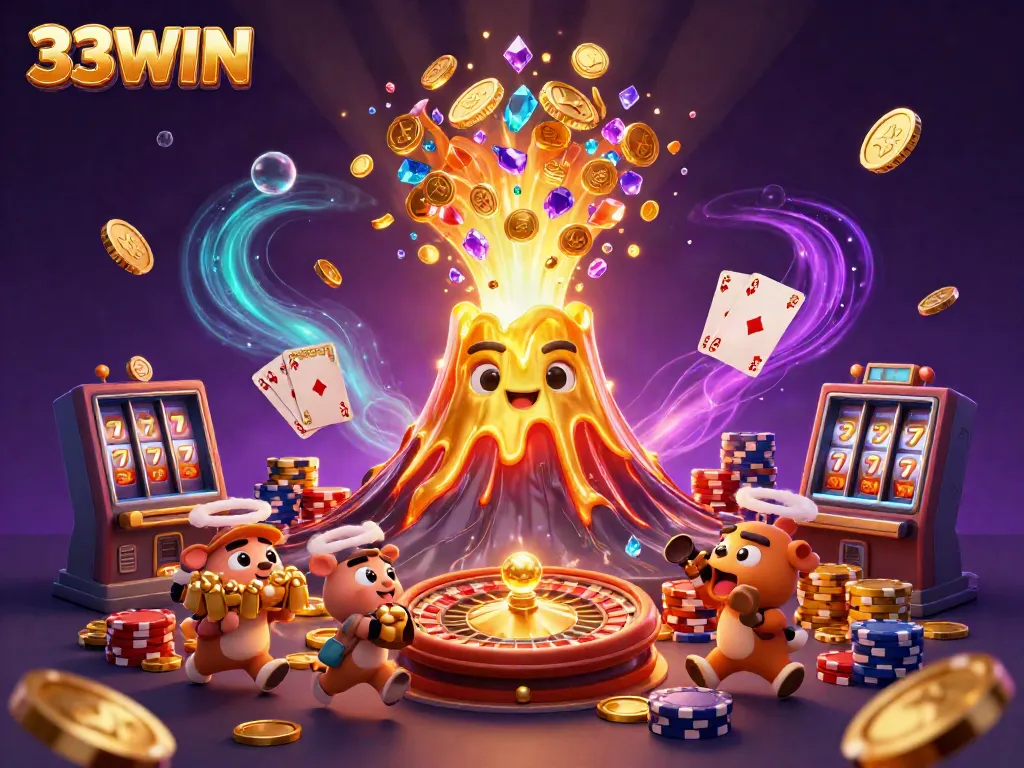 33WIN's dynamic scene shows treasure hunters with dazzling coins and rich casino elements.