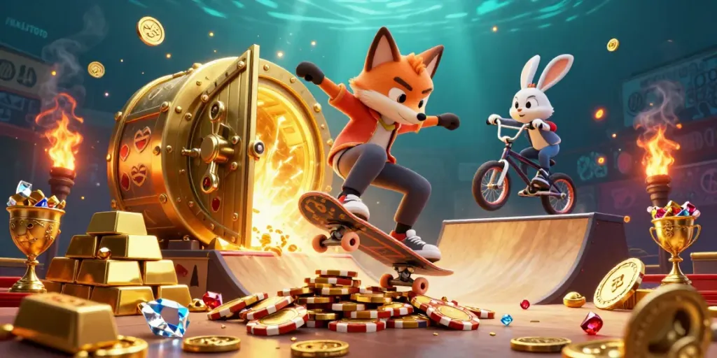 MALITOTO unleashes excitement with a vibrant scene featuring a skateboarder fox and BMX rabbit in a gold-filled casino adventure.