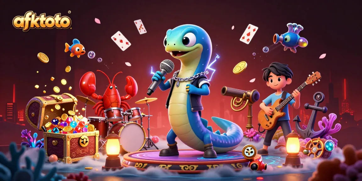Join the fun with afktoto's dynamic underwater casino party featuring vibrant characters and gambling excitement.