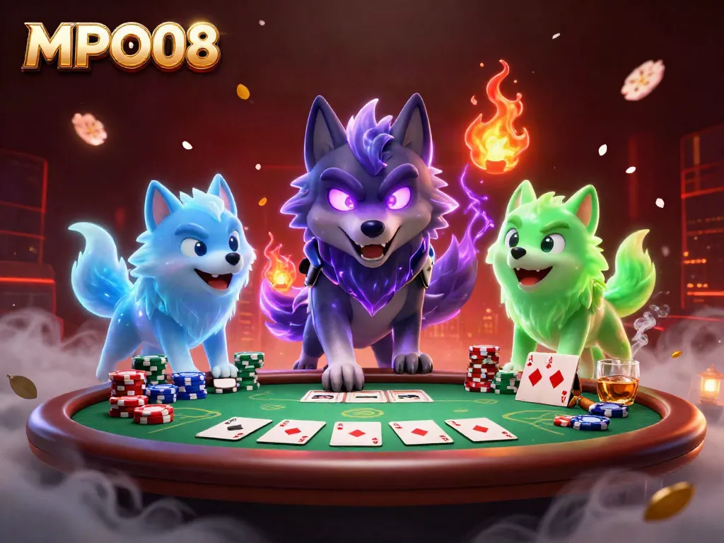 Experience MPO08 with a vibrant gaming scene featuring mystical wolves and poker elements.