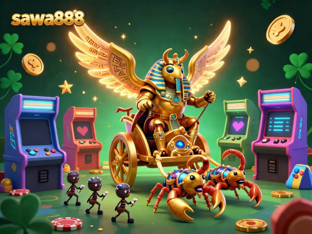 sawa888 showcases a vibrant 3D casino scene with a golden scarab beetle and arcade elements for players.