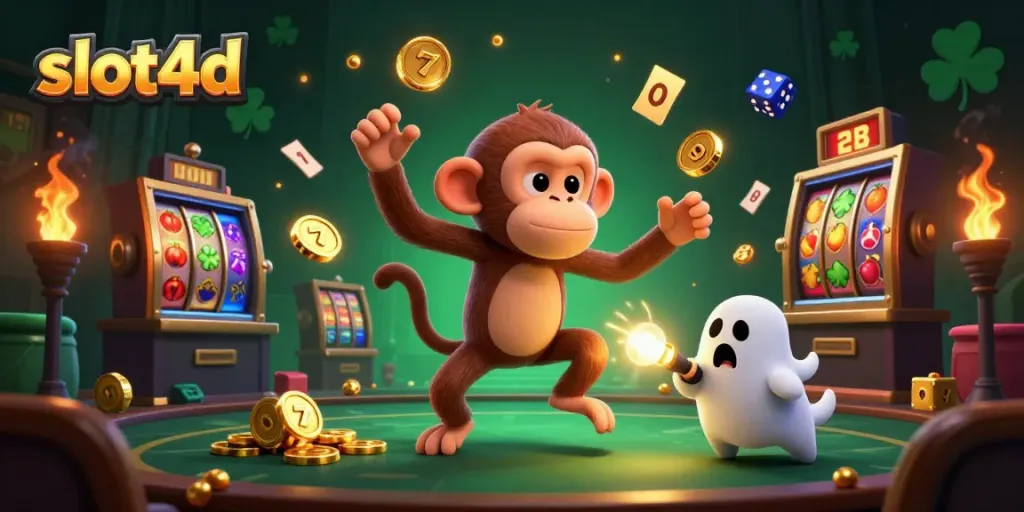 Experience the excitement of slot4d with a playful monkey and ghost-hunter puppy in a vibrant casino scene.