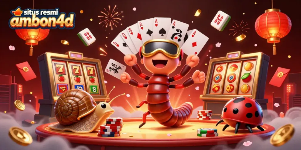 Engage with situs resmi ambon4d in this vibrant casino scene showcasing a cartoon millipede dealer and high-roller action.