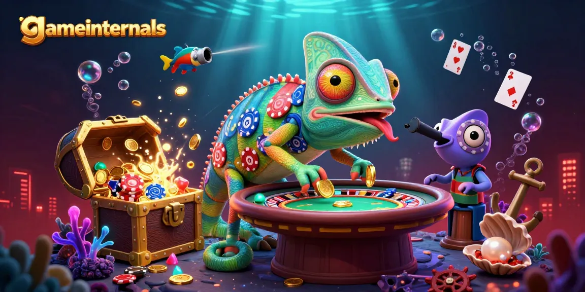 gameinternals illustrates a vibrant casino scene with a dynamic chameleon owner and game elements