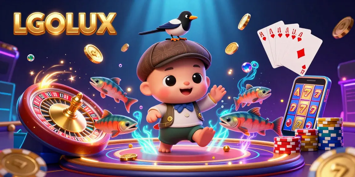 Experience the enchanting LGOLUX casino scene with animated characters, golden elements, and vibrant gambling action.
