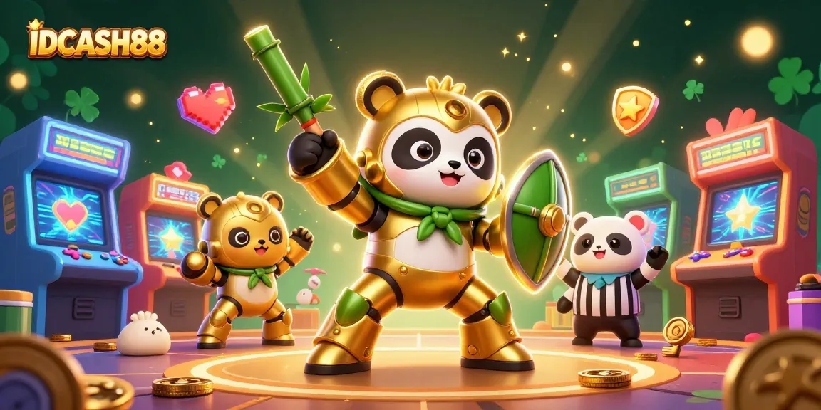 Engage in adrenaline-pumping gaming action at IDCASH88's vibrant casino scene featuring colorful machines and dynamic characters.
