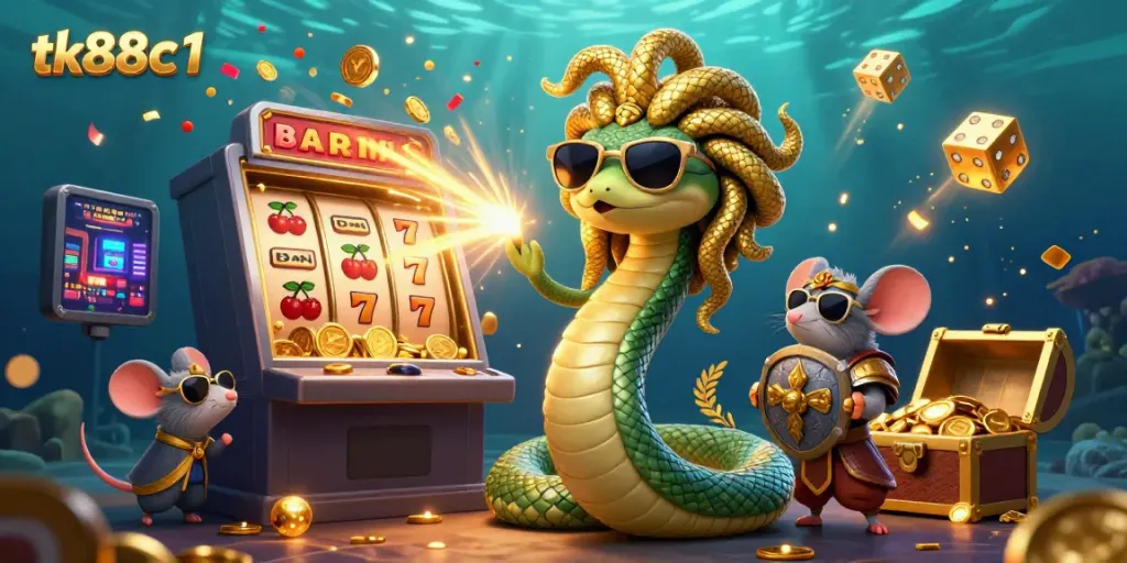 Experience the excitement of tk88c1 with Medusa and characters in a dynamic casino scene filled with jackpots.