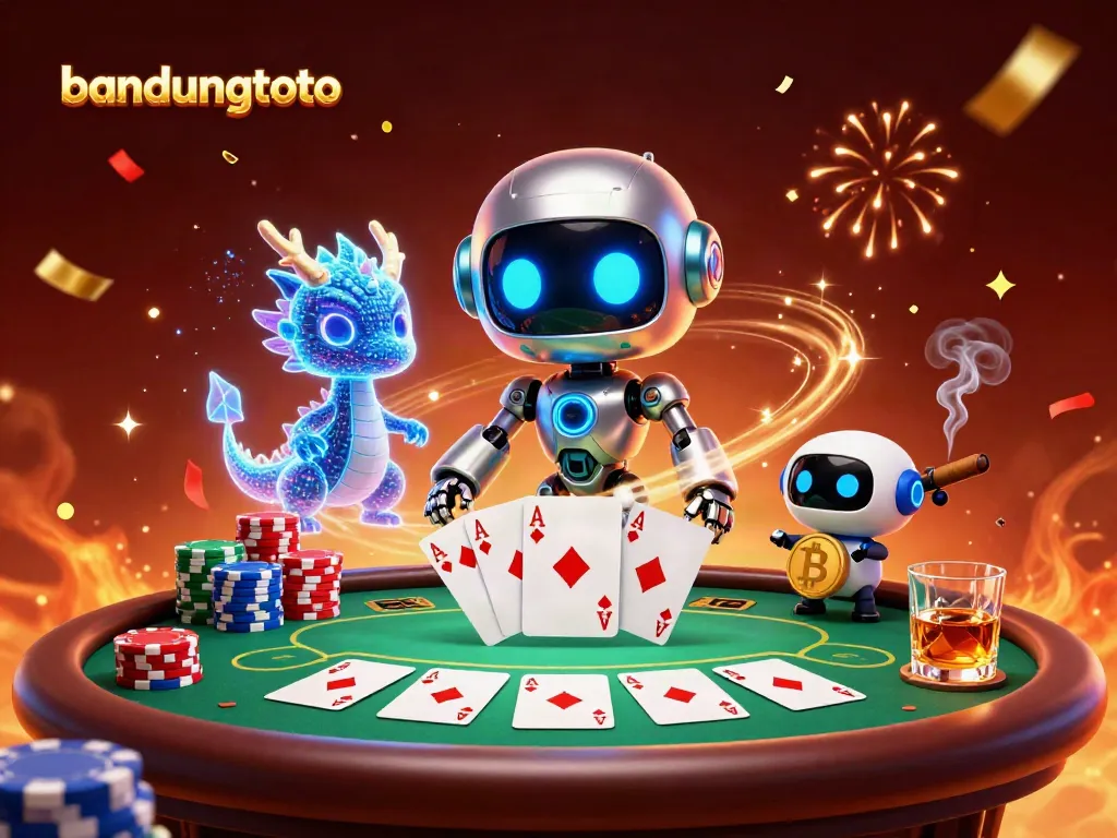 Engage with bandungtoto's exciting poker scene featuring a vibrant 3D robot and casino elements.