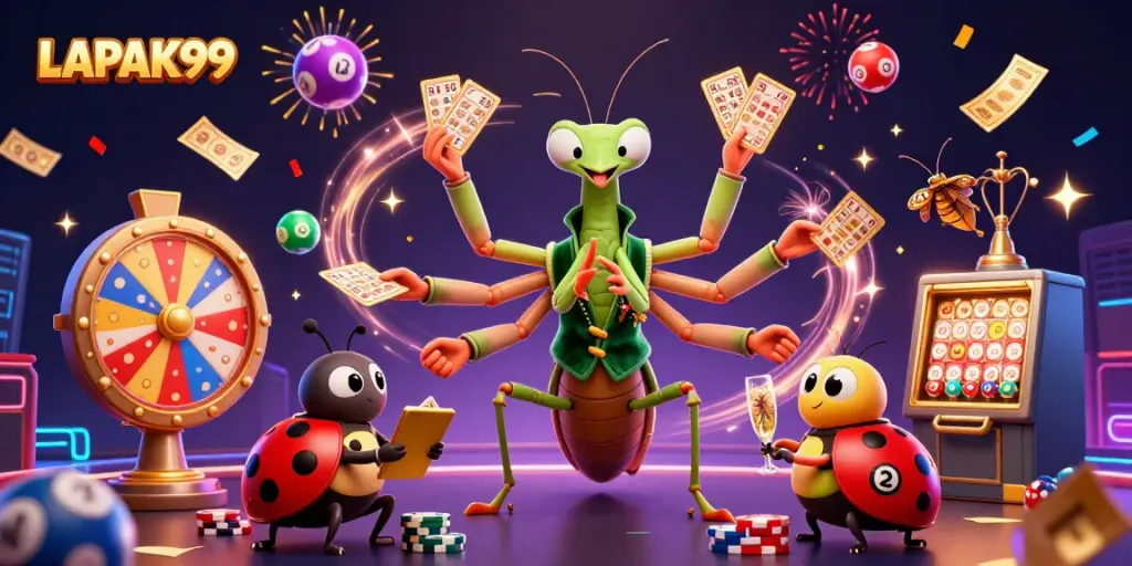 LAPAK99 showcases vibrant online gaming with a praying mantis card sharp, celebrating wins in casino-style.