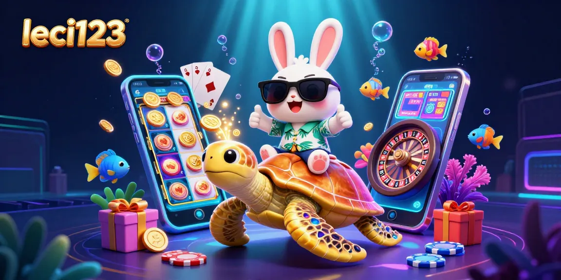 Experience vibrant gameplay with leci123, featuring a lucky rabbit and golden turtle in a lively casino scene.